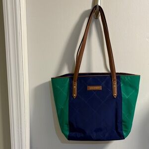 Vera Bradley Blue and Green Tote with Brown Straps